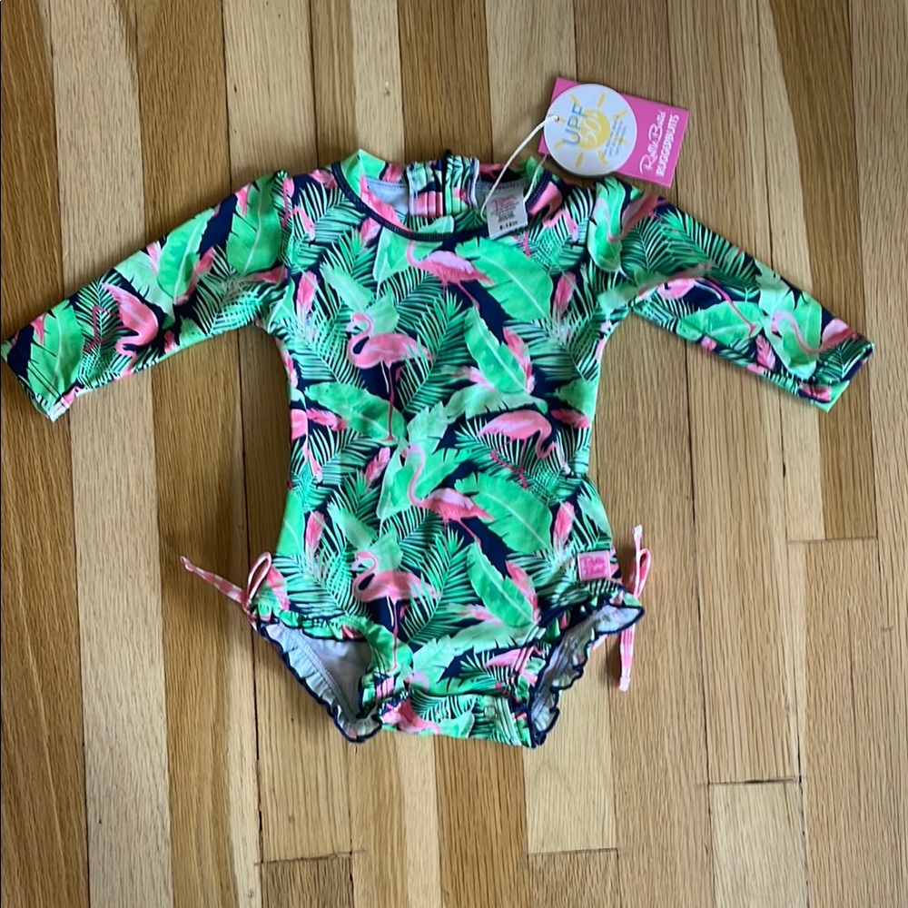 NWT: Ruffle Butts Green and Pink Rashguard Swimwear